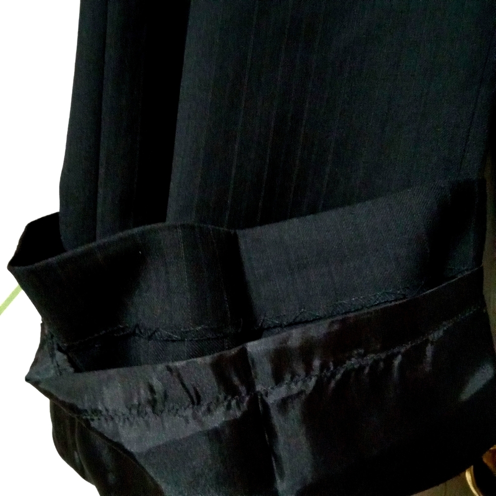 MULBERRY🐞Black Striped Pleated Wool Blend Relaxed Fit High Rise Trousers Sz: 14 - Picture 8 of 10